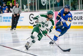 The UPEI Panthers’ Kaiya Maracle, 91, focuses on moving the puck up the ice while the Moncton Blue Eagles’ Lianne Desforges hustles to apply pressure. The action took place in the opening game of the 2023-24 Atlantic University Sport (AUS) Women’s Hockey Conference regular season for both teams at MacLauchlan Arena in Charlottetown on Oct. 4. Moncton won the contest 3-2.  Janessa Vanden Broek/UPEI Athletics • Special to The Guardian