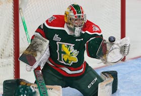 Halifax Mooseheads Mathis Rousseau juggles the puck from a Drummondville Voltigeurs  shot during QMJHL action in Halifax Thursday October 13, 2022.

TIM KROCHAK PHOTO