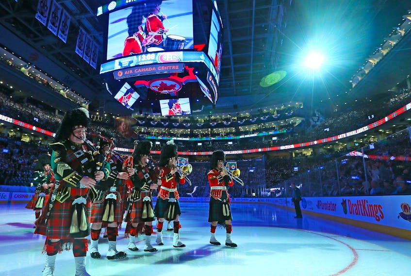 The 48th Highlanders during pregame ceremony before the Toronto Maple Leafs take on the Montreal Canadiens in 2015.