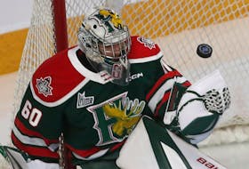 Halifax Mooseheads goalie Mathis Rousseau makes astop on a Victoriaville Tigres shot during QMJHL action in Haifax Friday October 6, 2023.

TIM KROCHAK PHOTO