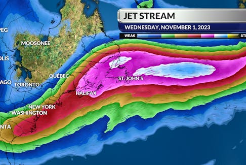 Model projection of the jet stream on Nov. 2, 2023. A powerful jet stream along the east coast and North Atlantic was helping aircraft flying to Europe to arrive up to an hour earlier than usual.