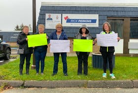Seasonal workers Diane Lamrock (from left), Amanda Ross, Mandy Symonds Krista Nickerson and Brenda Nickerson staged a protest in front of South Shore St Margaret’s MP Rick Perkins office in Barrington on Oct. 30. The protest was part of a larger movement coordinated by the Interprovincial Alliance for Employment Insurance Kathy Johnson