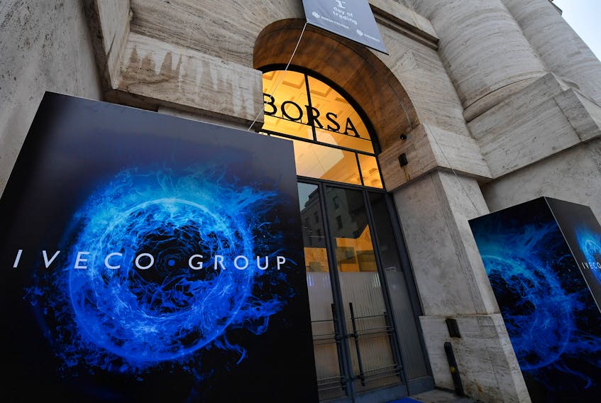 The logo of Iveco Group is seen outside the Milan Bourse (Italian stock exchange) on the day truckmaker Iveco Group starts trading there, in Milan, Italy, January 3, 2022.