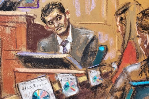 FTX founder Sam Bankman-Fried is questioned by prosecutor Danielle Sassoon (not seen) during his fraud trial over the collapse of the bankrupt cryptocurrency exchange at federal court in New York City, U.S., October 31, 2023 in this courtroom sketch.