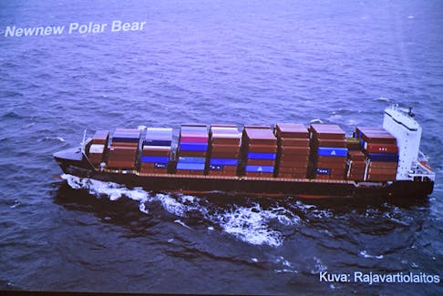 Finnish Border Guard's photo of a Hong Kong registered cargo ship 'Newnew Polar Bear', which was spotted moving close to the Balticconnector gas line, during the joint press conference of the investigation of the possible attack on the Balticconnector gas line on 8th Oct., 2023 between Finland and Estonia at the headquarters of the National Bureau of Investigation in Vantaa, Finland, 24 October 2023.  Lehtikuva/HEIKKI SAUKKOMAA via REUTERS /File Photo