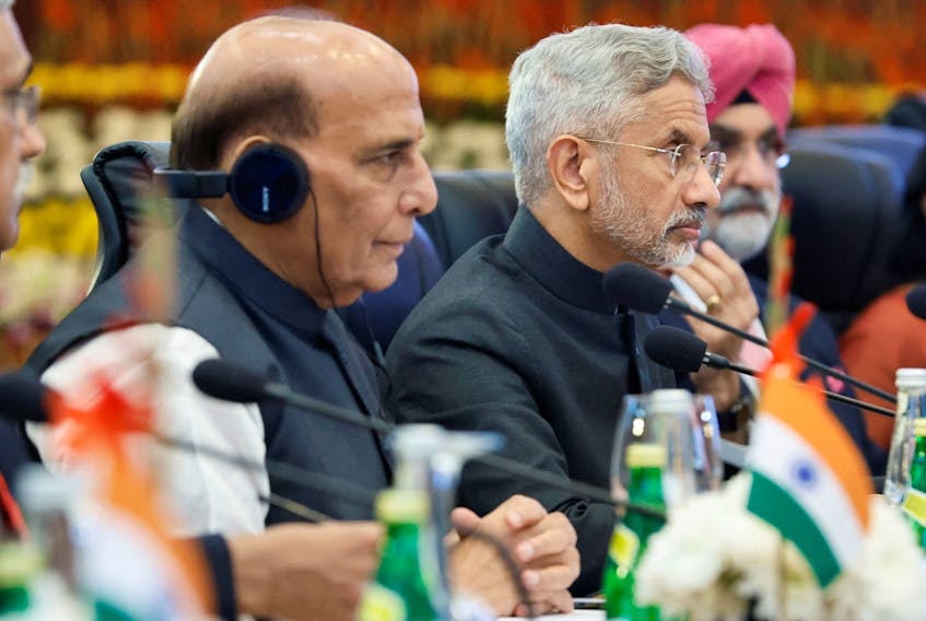 India's Foreign Minister Subrahmanyam Jaishankar and Defense Minister Rajnath Singh, attend the so-called "2+2 Dialogue" with U.S. Secretary of State Antony Blinken, Defense Secretary Lloyd Austin (not pictured) at the Ministry of Foreign Affairs' Sushma Swaraj Bhavan (SSB) in New Delhi, India, November 10, 2023.