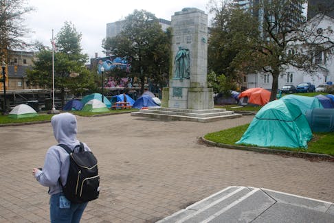 Tents for those experiencing homelessness are seen at and designated tent site, near the cenotaph in the Grand Parade 
 in Halifax Tuesday October 17, 2023.

TIM KROCHAK PHOTO