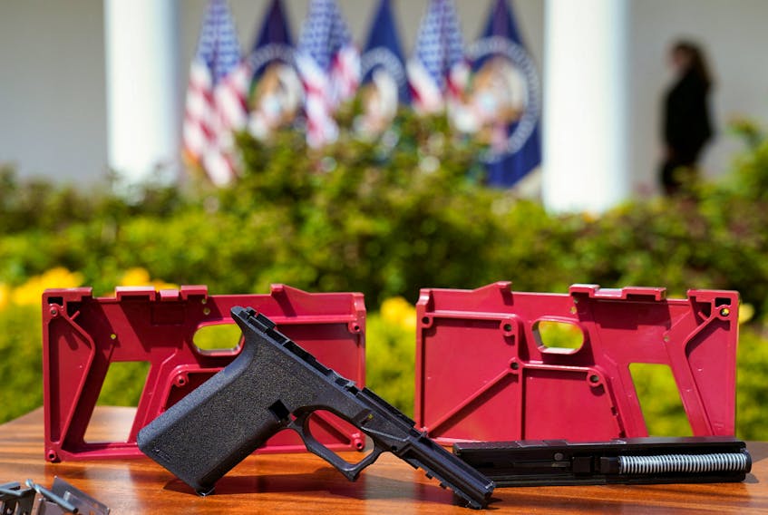 Parts of a ghost gun kit are on display at an event held by U.S. President Joe Biden to announce measures to fight ghost gun crime, at the White House in  Washington U.S., April 11, 2022.