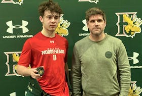 Jordan Dumais, left, broke the Halifax Mooseheads' all-time points record previously held by Brandon Benedict, right.