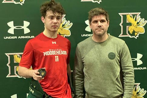 Jordan Dumais, left, broke the Halifax Mooseheads' all-time points record previously held by Brandon Benedict, right.