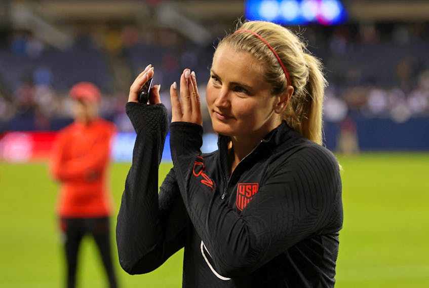 Sep 24, 2023; Chicago, Illinois, USA; United States midfielder Lindsey Horan (10) acknowledges fans after the game against South Africa at Soldier Field. Mandatory Credit: Jon Durr-USA TODAY Sports/File Photo