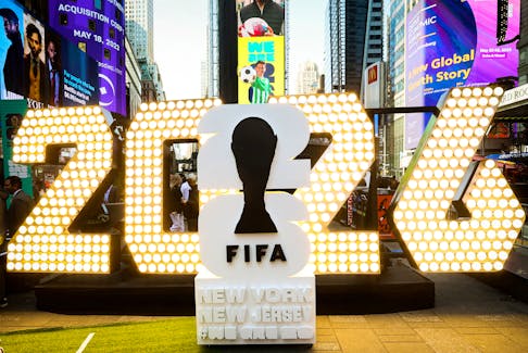 The New York/New Jersey's FIFA World Cup 2026 logo is revealed during the kickoff event in Times Square in New York City, U.S., May 18, 2023. 