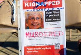 A hostage poster of Vivian Silver is updated following the news that she was, in fact, killed in her home by Hamas attackers on Oct. 7, 2023..