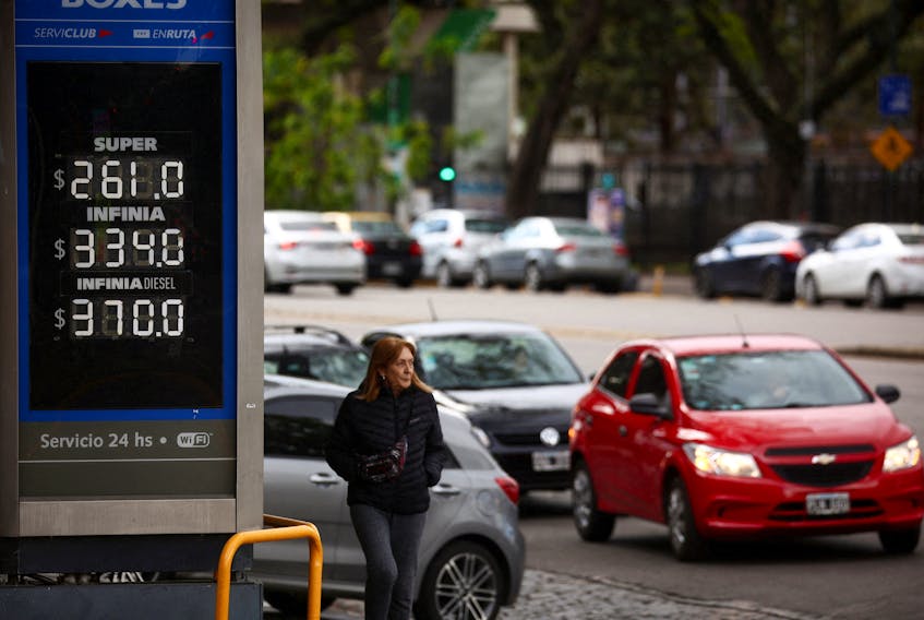 Gasoline and diesel prices are displayed in a gas station during a gasoline shortage in Buenos Aires, Argentina October 30, 2023.