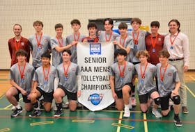The Colonel Gray Colonels won the Charlottetown-based school’s fourth P.E.I. School Athletic Association (PEISAA) Senior AAA Boys Volleyball League championship in a row on Nov. 15. The Colonels defeated the Bluefield Bobcats 3-0 (29-27, 25-22, 25-16) in the gold-medal match, played at Three Oaks Senior High School in Summerside. Members of the Colonels are, front row, from left: Theo Plourde, Miki Bain, Brayden Bruce, Eric Huang, Ben Doyle and Ben Conway. Back row: Max Arsenault (head coach), Gabe Lee, Jonah Bowie, Robbie Douglas, Desmond Cunniffe, Zach Harris, Seth Gauthier, Alex Nicholson, Tristan Atkins (assistant coach) and Nathan Swansburg (assistant coach). Jason Simmonds • The Guardian