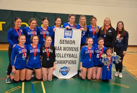 The Bluefield Team One Bobcats defeated the Charlottetown Rural Team One Raiders 3-1 at Three Oaks Senior High School in Summerside on Nov. 14 to win the P.E.I. School Athletic Association (PEISAA) Senior AAA Girls Volleyball League championship. Scores were 20-25, 25-22, 25-17, 25-16. Members of the Bobcats are, front row, from left: Mava Gauthier, Lauryn Woodworth, Katie McLaughlin, Maya Carragher, Julia Yeo and Flora Storey (cheerleader). Back row: Erin Coady (head coach), Rachel MacFadyen, Jocelyn Landry, Kayla Storey, Shay Wood, Ariah Pot, Lia MacQuarrie, Jordon Havenga (assistant coach) and Eve McMillan (assistant coach). Jason Simmonds • The Guardian