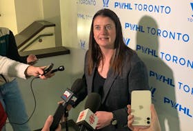 Toronto's PWHL general manager Gina Kingsbury chats with reporters on Wednesday. 