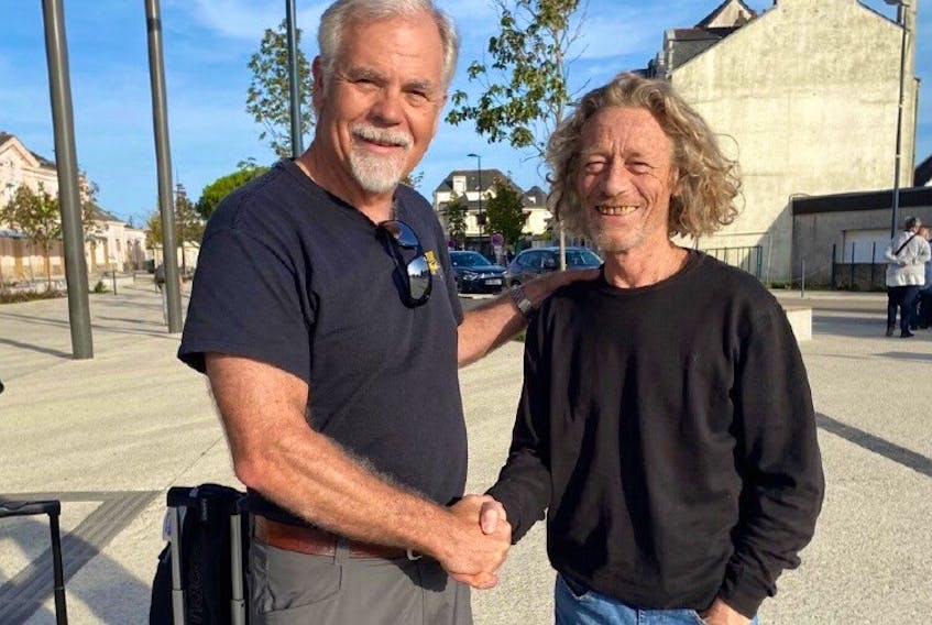 Against all odds, on May 9, 1980, an Argus aircraft from CFB Summerside found and helped rescue a young sailor adrift in the middle of the Atlantic. One of the plane’s crew members, Steve Nichol, left, recently travelled to France to meet the man, Yves Le Cornec, right, he had helped rescue 43 years earlier.