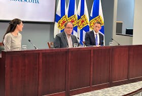 From left, Jill Balser, provincial minister for Labour, Skills and Immigration, Dalhousie University associate professor Andrew Corkum and  the department's senior executive director of safety, Scott Nauss, speak during a news conference Wednesday in Halifax with an update on Donkin coal mine. CONTRIBUTED