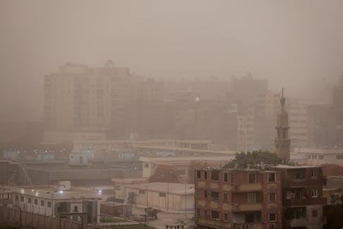 General view of buildings during a sandstorm in Cairo, Egypt, May 27, 2023.