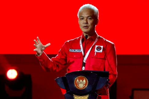 Ganjar Pranowo, Indonesia Democratic Party of Struggle (PDIP) candidate in the 2024 presidential election, speaks during the party's national meeting in Jakarta, Indonesia, September 29, 2023.