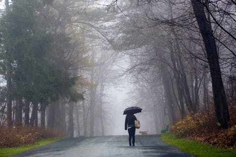 STANDALONE NEWS PHOTO:
Huddled beneath her umbrella from the rain, a woman walks ventures towards a fog bank while a stroll in Point Pleasant Park, Friday November 27, 2009.

Photo by Tim Krochak