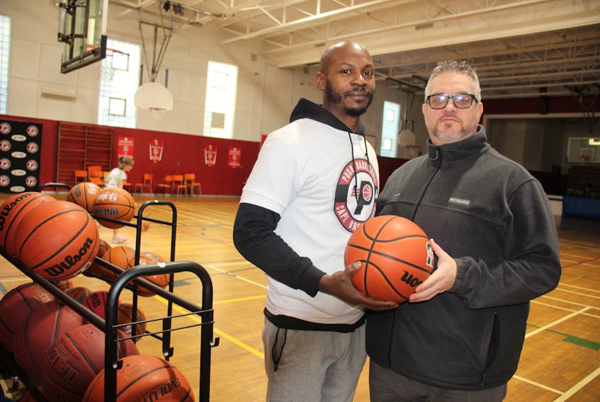 From left, Tyrone Levingston and Wade MacNeil, the founders of Push Cape Breton Basketball at their gymnasium in Glace Bay on Friday. Most of the vandalism that happened Sunday night has been cleaned up but some things like heat pumps and broken doors will take longer to repair or replace. NICOLE SULLIVAN/CAPE BRETON POST