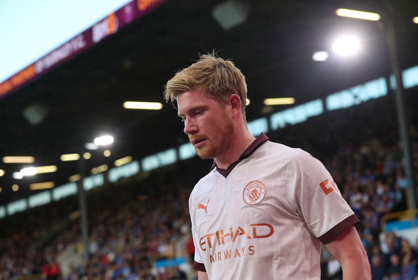 Soccer Football - Premier League - Burnley v Manchester City - Turf Moor, Burnley, Britain - August 11, 2023 Manchester City's Kevin De Bruyne after being substituted due to injury