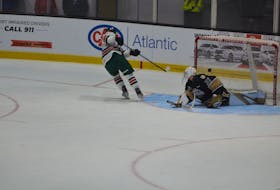 Markus Vidicek scores the only goal of a three-round shootout against Charlottetown Islanders goaltender Aksels Ozols to give the Halifax Mooseheads a 4-3 win. The Quebec Major Junior Hockey League game attracted 2,699 fans to Eastlink Centre in Charlottetown on Nov. 17. Jason Simmonds • The Guardian