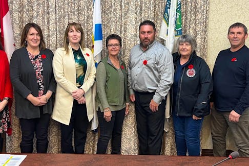 The Municipality of the County of Richmond and the Village of St. Peter’s held an official joint meeting between the two levels of government on Nov. 2 at council chambers in Arichat. From left are Meghan Hayter, village clerk; Shelley David, municipal clerk/communications officer; county Warden Amanda Mombourquette, Pam Martell, village commissioner; Deputy Warden Shawn Samson; Esther MacDonnell, chair of the commission; councillor Michael Diggdon; and Donnie Mariner, village commissioner. CONTRIBUTED/TROY MCCULLOCH, RICHMOND COUNTY CAO