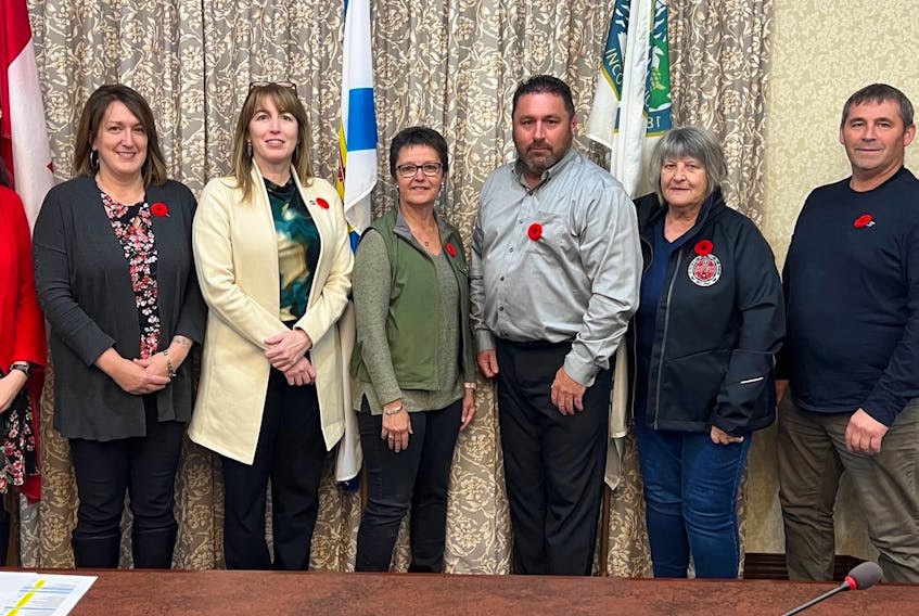 The Municipality of the County of Richmond and the Village of St. Peter’s held an official joint meeting between the two levels of government on Nov. 2 at council chambers in Arichat. From left are Meghan Hayter, village clerk; Shelley David, municipal clerk/communications officer; county Warden Amanda Mombourquette, Pam Martell, village commissioner; Deputy Warden Shawn Samson; Esther MacDonnell, chair of the commission; councillor Michael Diggdon; and Donnie Mariner, village commissioner. CONTRIBUTED/TROY MCCULLOCH, RICHMOND COUNTY CAO