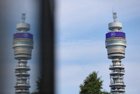 A view of BT Group logo displayed on BT tower, in London, Britain, July 21, 2023.