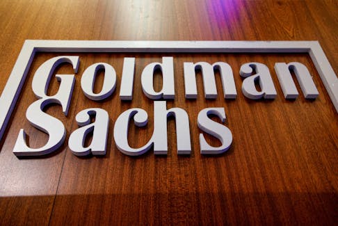 The Goldman Sachs logo is on the floor of the New York Stock Exchange (NYSE) in New York City, U.S., July 13, 2021. 