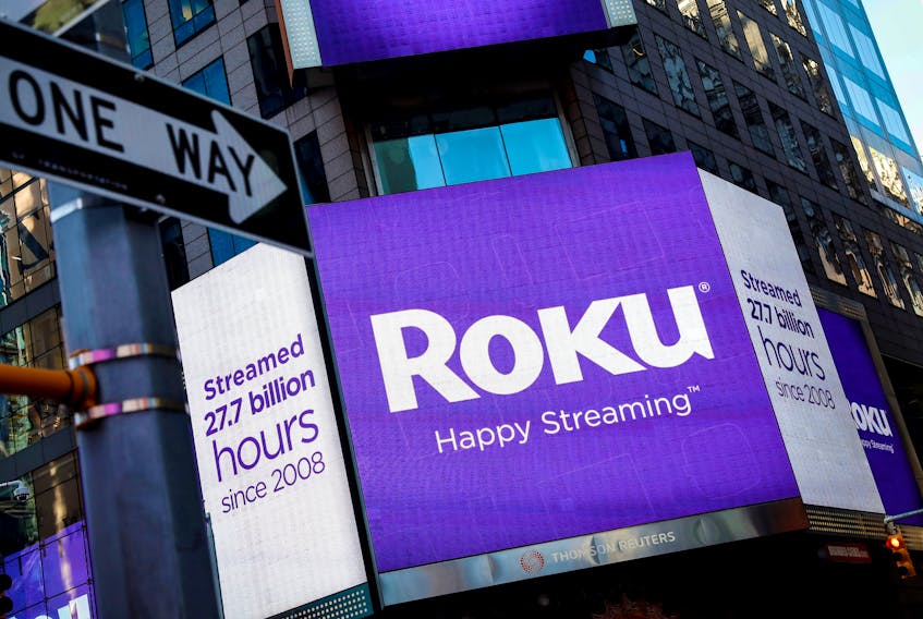 FILE PHOTO A video sign displays the logo for Roku Inc, a Fox-backed video streaming firm, in Times Square after the company's IPO at the Nasdaq Market in New York, U.S., September 28, 2017.