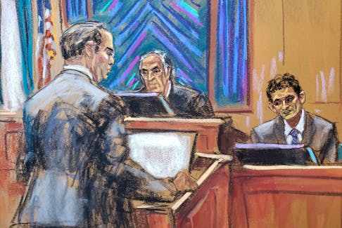 FTX founder Sam Bankman-Fried is questioned by defense lawyer Mark Cohen during his fraud trial over the collapse of the bankrupt cryptocurrency exchange, before U.S. District Judge Lewis Kaplan at federal court in New York City, U.S., October 31, 2023 in this courtroom sketch.
