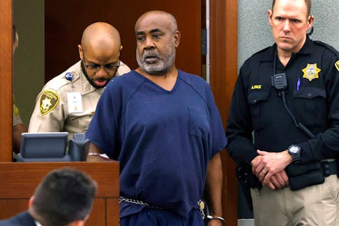 Duane Davis, a former gang member charged in the 1996 murder of hip-hop star Tupac Shakur, is led into the courtroom during his arraignment at the Regional Justice Center in Las Vegas, Nevada, U.S. October 4, 2023.  Bizuayehu Tesfaye/Pool via