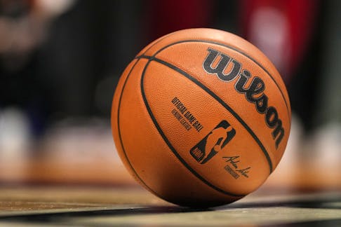 Nov 1, 2023; Miami, Florida, USA; A detailed view of the game basketball on the court during the first half between the Miami Heat and the Brooklyn Nets at Kaseya Center. Mandatory Credit: Jasen Vinlove-USA TODAY Sports