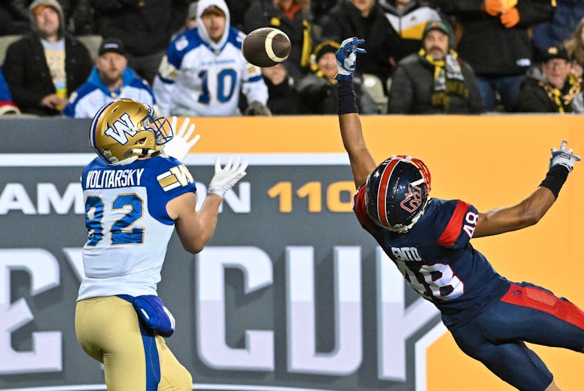 Montreal Alouettes defensive back Kabion Ento (48) tips away a pass intended for Winnipeg Blue Bombers wide receiver Drew Wolitarsky (82) in the first half at Tim Hortons Field in Hamilton, Ont., on Sunday, Nov. 19, 2023. - Dan Hamilton / USA TODAY Sports
