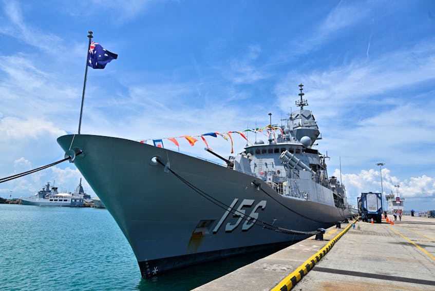 Royal Australian Navy vessel, HMAS Toowoomba, is docked at Changi Naval Base at the display of warships during IMDEX Asia 2023, a maritime defence exhibition in Singapore May 4, 2023.