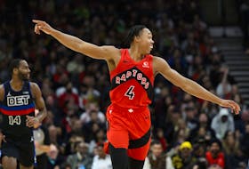 Toronto Raptors forward Scottie Barnes reacts during first half NBA basketball action against the Detroit Pistons in Toronto, Sunday, Nov. 19, 2023. 