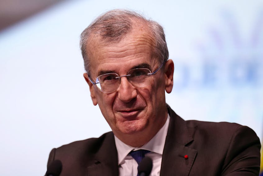 Bank of France Governor Francois Villeroy de Galhau delivers a speech during the annual meeting of Small and Medium-sized Enterprises leaders at the Bank of France in Paris, France, October 22, 2021.