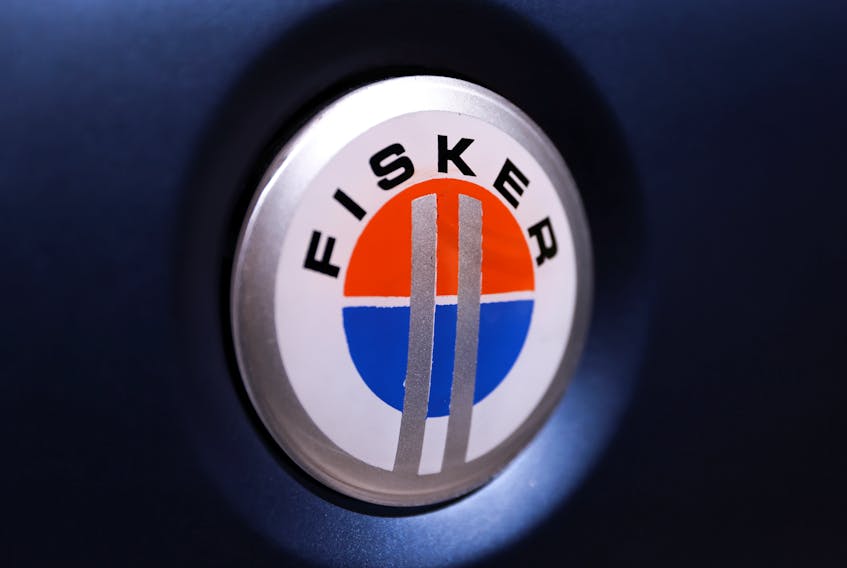 A view of a Fisker logo during the 2021 LA Auto Show in Los Angeles, California, U.S. November, 17, 2021.