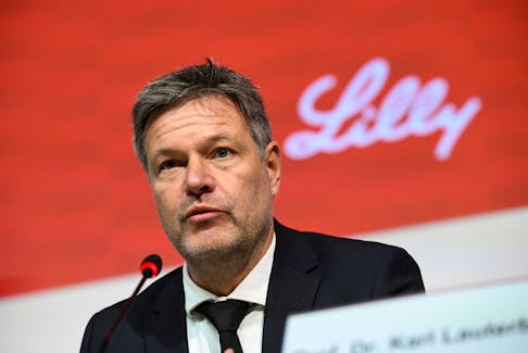 German Economy and Climate Minister Robert Habeck speaks, as he and Health Minister Karl Lauterbach (not pictured) attend a press conference on an event by the American pharmaceutical company Eli Lilly and Company, in Berlin, Germany November 17, 2023.