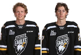 Cape Breton Eagles defenceman Lincoln Waugh, left, of Wilmot Valley, scored his first Quebec Major Junior Hockey League regular-season goal in a 5-0 home-ice win over the Charlottetown Islanders on Nov. 19. Waugh was named the game’s third star. Cam Squires, right, of Charlottetown, recorded four points and was named the first star.