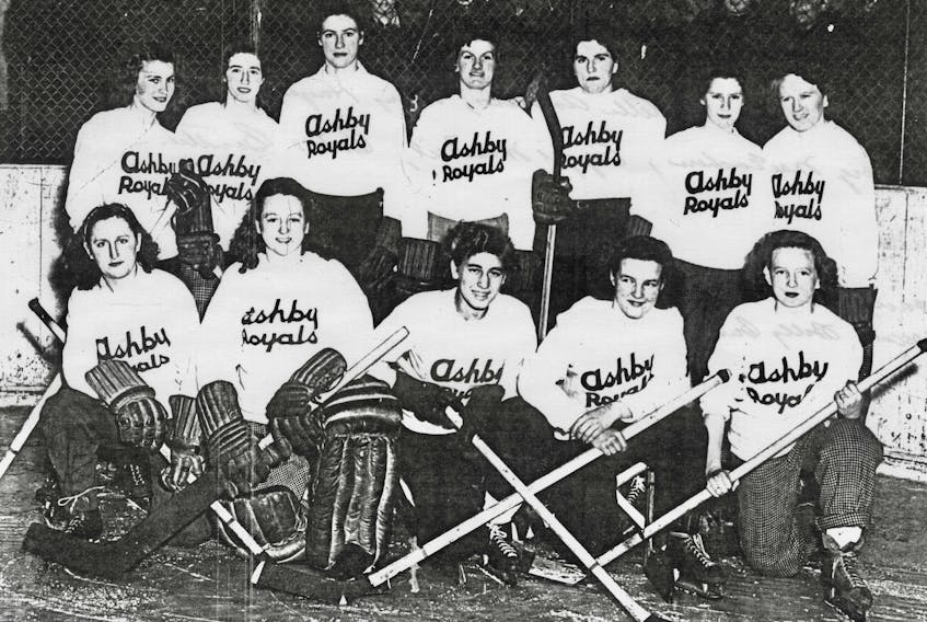 The 1948 Ashby Royals, from the left, are Grace Clare, Thelma Graham, Allie Shaheen, Rita MacKinnon and J. Tredinik. In back, from the left, are Joyce Wilson, Stella Andrews, Mary Hayes, Jan MacKinnon, Marg MacEachern, Aggie MacNeil and Babes Boutilier. (Beaton Institute photo collection, 95-33-2614)