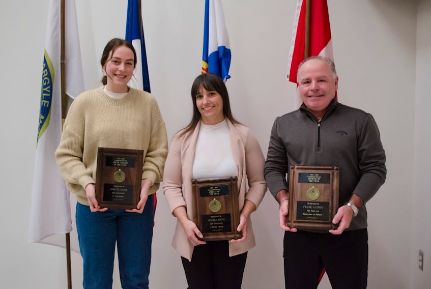 The recipients of the 2022-2023 Yarmouth County Athletic Awards are (from left):  Josette Muise, Yarmouth County Youth Athlete of the Year; Melissa Stone, Yarmouth County Athlete of the Year; and Frank Laxton, Yarmouth County Official of the Year. Contributed