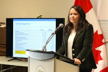 Finance Minister Jill Burridge speaks to reporters in a briefing before releasing the fall 2023 capital budget. The budget’s total spending adds up to $368.8 million in new spending in 2024-2025, and $1.3 billion over five years.