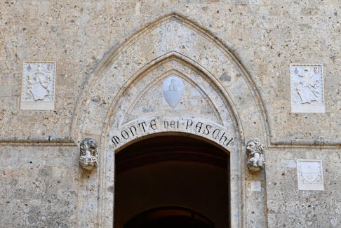 View of the entrance to the headquarters of Monte dei Paschi di Siena (MPS), the oldest bank in the world, which is facing massive layoffs as part of a planned corporate merger, in Siena, Italy, August 11, 2021. Picture taken August 11, 2021.