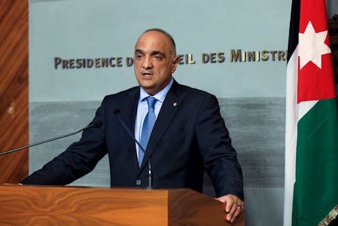 Jordanian Prime Minister Bisher al-Khasawneh speaks during a news conference at the government palace in Beirut, Lebanon September 30, 2021.