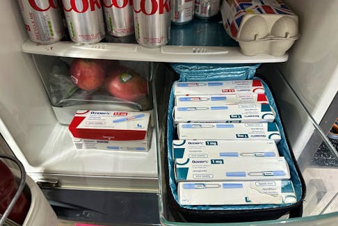 A handout photo shows a nine-month supply of Novo Nordisk's diabetes drug Ozempic which was purchased by an individual from online pharmacies in the UK for "off-label" use for weight loss and stored in his refrigerator at home in London, Britain, October 20, 2023.   Handout via